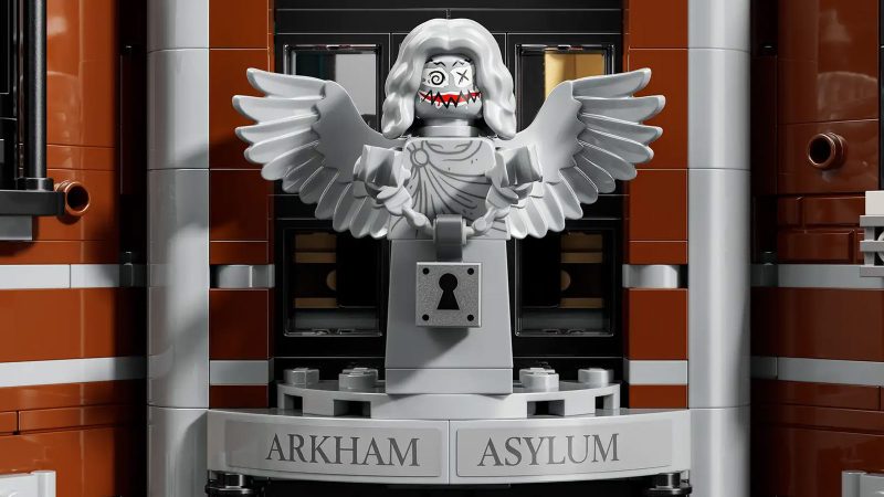 LEGO Arkham Asylum™ set displayed with gothic-inspired architecture, brick-built minifigure cells, iconic DC villains, and detailed interiors—ideal for Batman fans and LEGO collectors.