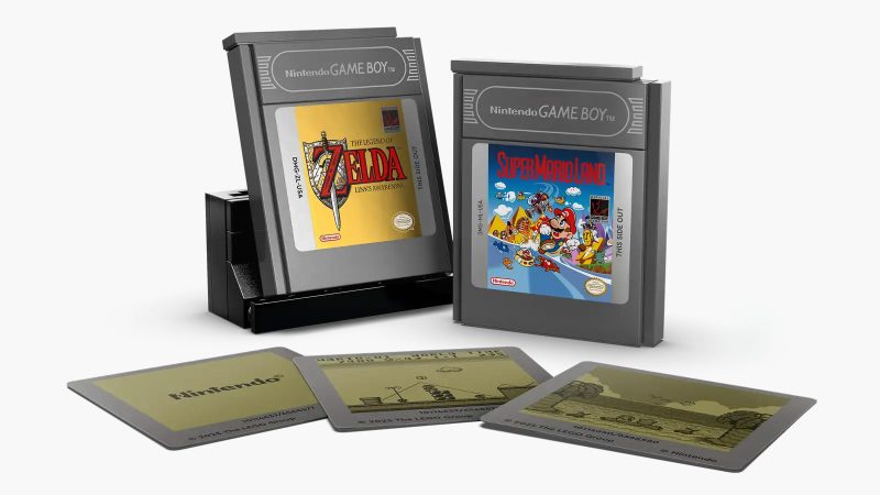 LEGO Game Boy model kit with 421 pieces shown assembled, featuring accurate buttons, interchangeable Zelda and Mario cartridges, lenticular screen options, and a custom display stand—perfect for retro gaming fans and collectors.