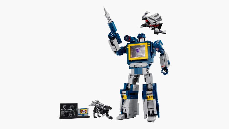 The LEGO Icons Transformers Soundwave collectible model, featuring posable joints, Ravage and Laserbeak cassette figures, and built-in voice and sound effects.