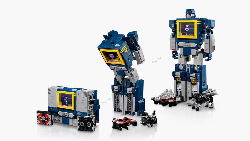 The LEGO Icons Transformers Soundwave collectible model, featuring posable joints, Ravage and Laserbeak cassette figures, and built-in voice and sound effects.