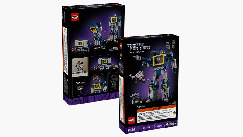 The LEGO Icons Transformers Soundwave collectible model, featuring posable joints, Ravage and Laserbeak cassette figures, and built-in voice and sound effects.
