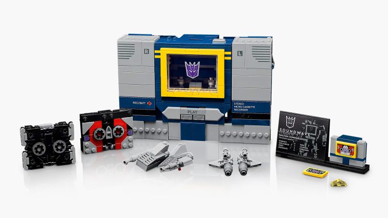 The LEGO Icons Transformers Soundwave collectible model, featuring posable joints, Ravage and Laserbeak cassette figures, and built-in voice and sound effects.
