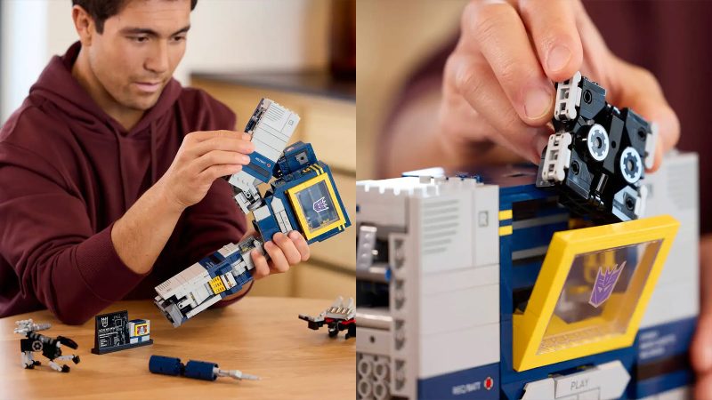 The LEGO Icons Transformers Soundwave collectible model, featuring posable joints, Ravage and Laserbeak cassette figures, and built-in voice and sound effects.