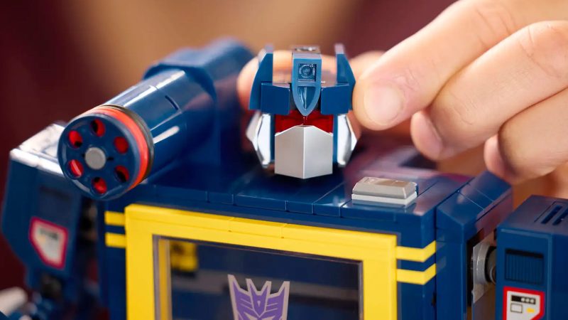 The LEGO Icons Transformers Soundwave collectible model, featuring posable joints, Ravage and Laserbeak cassette figures, and built-in voice and sound effects.