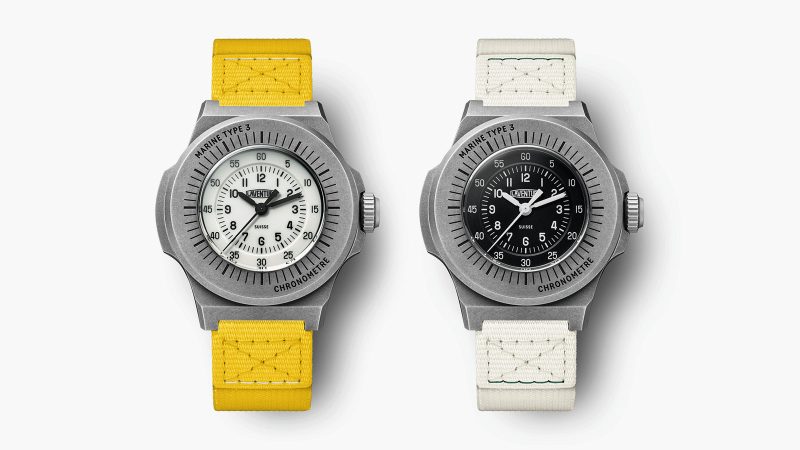 Laventure Marine Type 3 tool watch: 38 mm stone‑washed grade 23 titanium case, oversized engraved bezel, small black dial, Plexiglas crystal, military style.