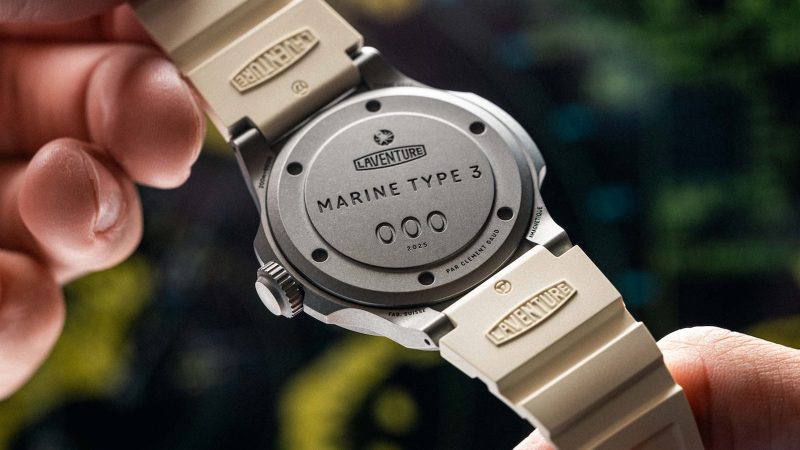 Laventure Marine Type 3 tool watch: 38 mm stone‑washed grade 23 titanium case, oversized engraved bezel, small black dial, Plexiglas crystal, military style.