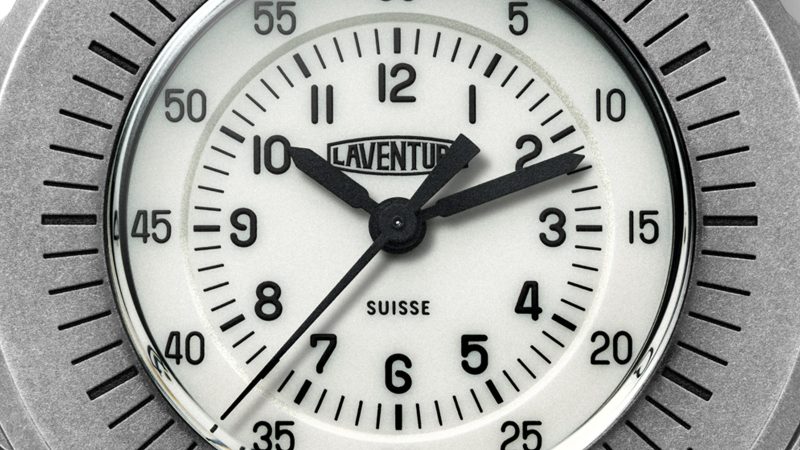 Laventure Marine Type 3 tool watch: 38 mm stone‑washed grade 23 titanium case, oversized engraved bezel, small black dial, Plexiglas crystal, military style.