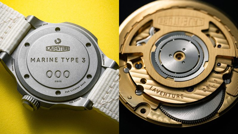 Laventure Marine Type 3 tool watch: 38 mm stone‑washed grade 23 titanium case, oversized engraved bezel, small black dial, Plexiglas crystal, military style.