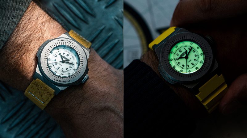 Laventure Marine Type 3 tool watch: 38 mm stone‑washed grade 23 titanium case, oversized engraved bezel, small black dial, Plexiglas crystal, military style.