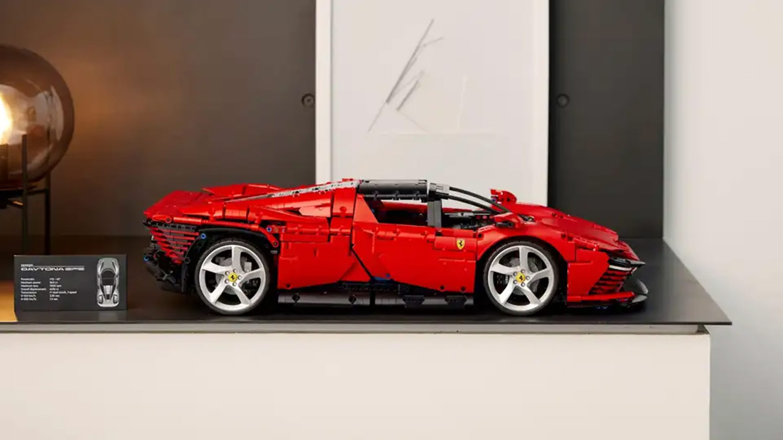 Bold red LEGO Ferrari Daytona SP3 displayed as a high-design centerpiece—ideal for collectors of the Best LEGO Sets for Adults 2025.