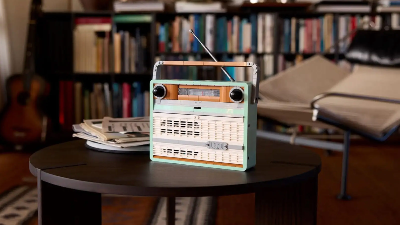 Retro-style LEGO radio set on a modern coffee table, a standout piece among the Best LEGO Sets for Adults 2025.