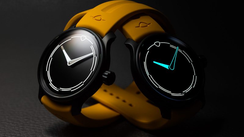 The MING 37.02 Monolith limited-edition DLC-coated minimalist watch with luminous sapphire dial, Sellita SW300.M1 movement, and mango FKM rubber strap.