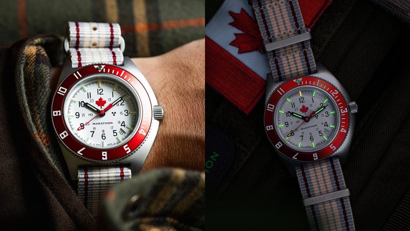 The Marathon ADANAC Navigator Pilot’s Automatic Watch features a red maple leaf on an Arctic white dial, a stainless steel case, and a red 12-hour GMT bezel.