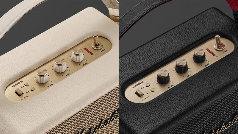 Marshall Kilburn III portable speaker with gold control panel, red velvet strap, and rugged speaker grille delivering 360° sound.