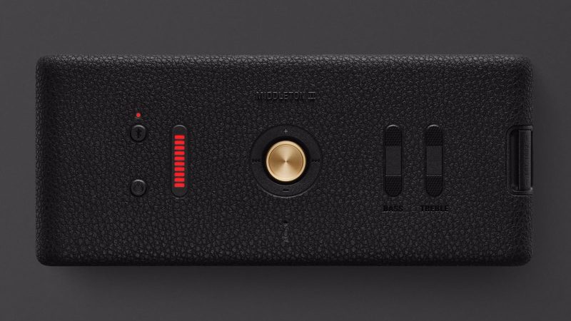 Marshall Middleton II portable Bluetooth speaker with IP67-rated rugged housing, 360° stereo output, signature control knob, and amp-style design.