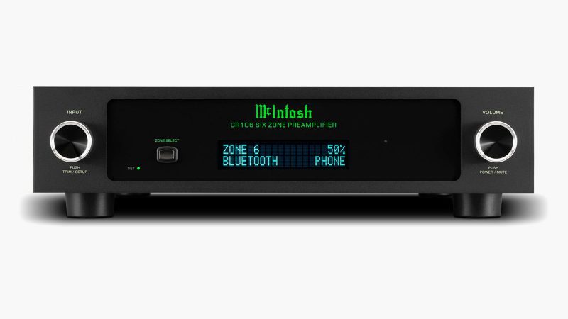 The McIntosh CR106 6-Zone Preamplifier / Audio Matrix boasts a sleek rack-mount design and multi-zone control interface, optimized for centralized whole-home audio management.