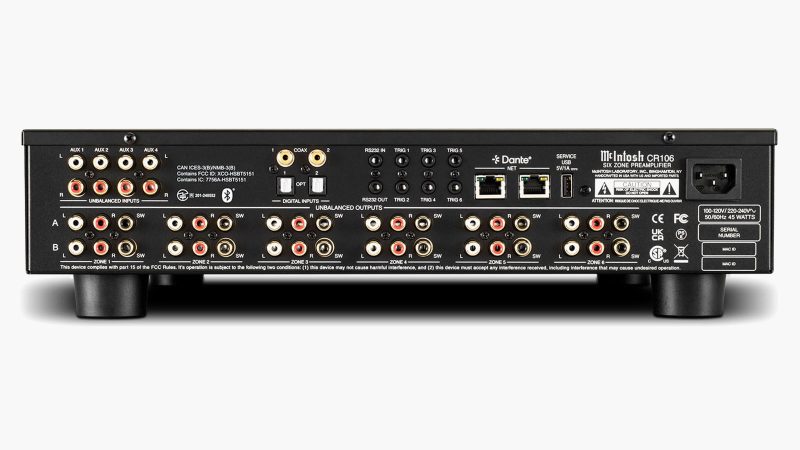 The McIntosh CR106 6-Zone Preamplifier / Audio Matrix boasts a sleek rack-mount design and multi-zone control interface, optimized for centralized whole-home audio management.