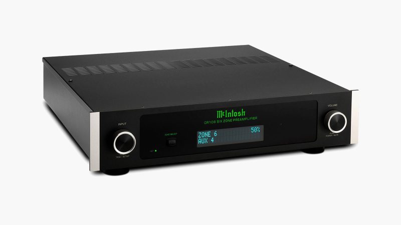 The McIntosh CR106 6-Zone Preamplifier / Audio Matrix boasts a sleek rack-mount design and multi-zone control interface, optimized for centralized whole-home audio management.