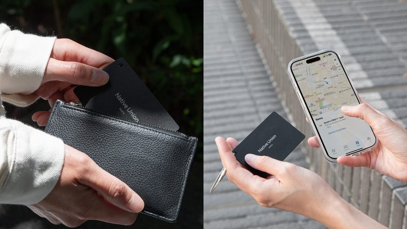 Native Union Find It Card and Tag smart trackers with Apple Find My compatibility, slim design, rechargeable battery, and waterproof construction.