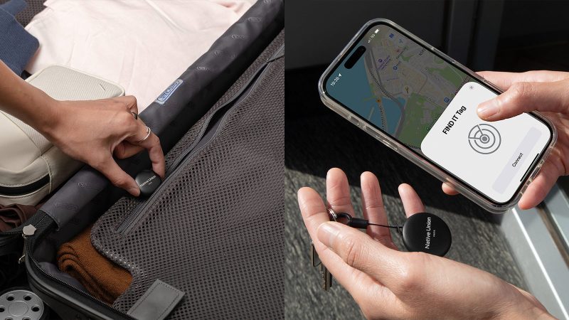 Native Union Find It Card and Tag smart trackers with Apple Find My compatibility, slim design, rechargeable battery, and waterproof construction.
