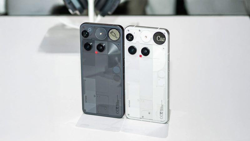 Nothing Phone (3) with Glyph Matrix display and red recording light, alongside KEF-tuned Headphone (1) with industrial design and tactile controls.