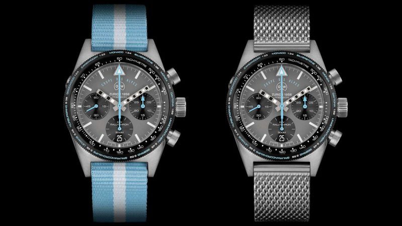 The Ollech & Wajs RALLYCHRON Coupe des Alpes chronograph watch with Alpine blue dial, Valjoux 7753 movement, limited to 56 pieces, Swiss-made racing timepiece.