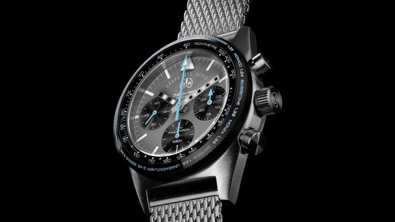 Ollech & Wajs RALLYCHRON Coupe des Alpes chronograph watch with Alpine blue dial, Valjoux 7753 movement, limited to 56 pieces, Swiss-made racing timepiece.