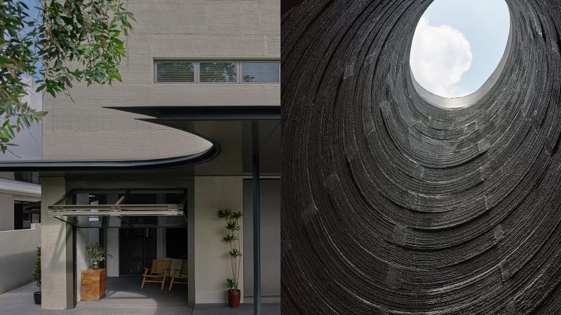 The exterior of the QR3D 3D-printed concrete four-story house in Singapore shows layered striations and a central oculus skylight.