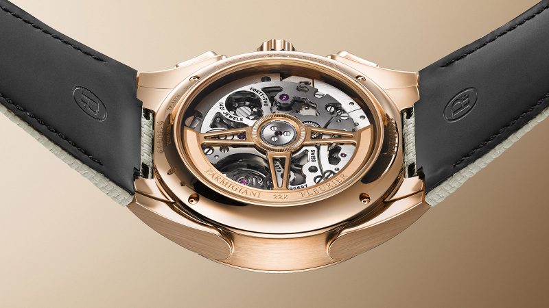 The Parmigiani Fleurier Tonda PF Sport Chronograph Rose Gold Sandstone features a guilloché dial, COSC-certified movement, and a Mediterranean-inspired rubber strap.
