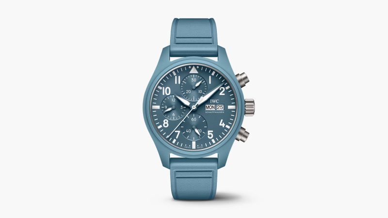 IWC Pilot’s Watch Chronograph 41 TOP GUN Miramar in blue ceramic with three subdials, military-style strap, and lumed hands.