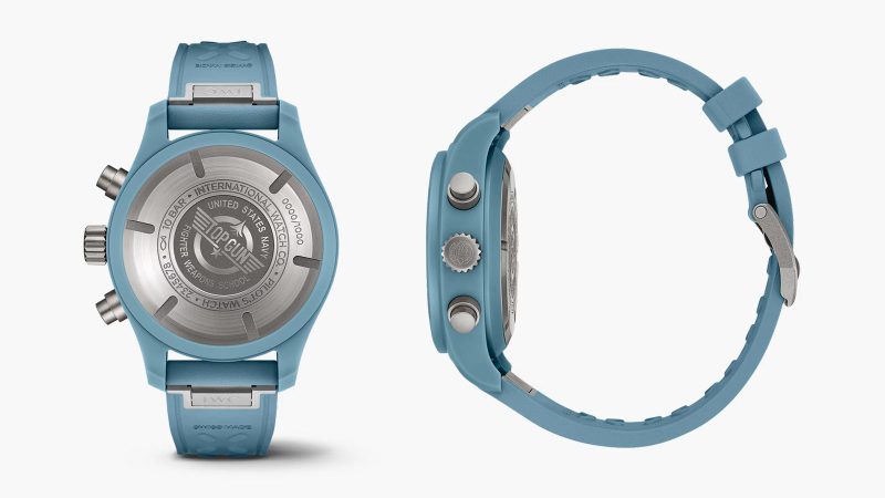 IWC Pilot’s Watch Chronograph 41 TOP GUN Miramar in blue ceramic with three subdials, military-style strap, and lumed hands.