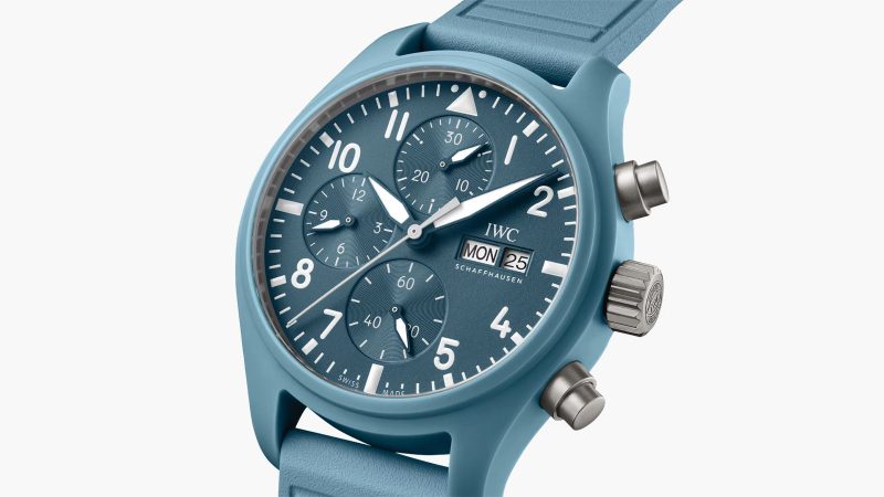 IWC Pilot’s Watch Chronograph 41 TOP GUN Miramar in blue ceramic with three subdials, military-style strap, and lumed hands.