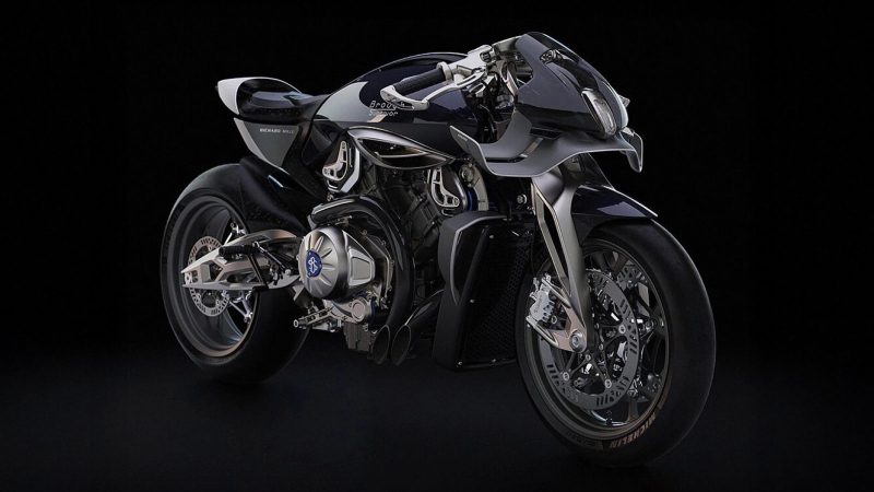 RMB01 track motorcycle by Richard Mille and Brough Superior with exposed carbon frame, gear‑inspired rims, and watch‑style instrument cluster.