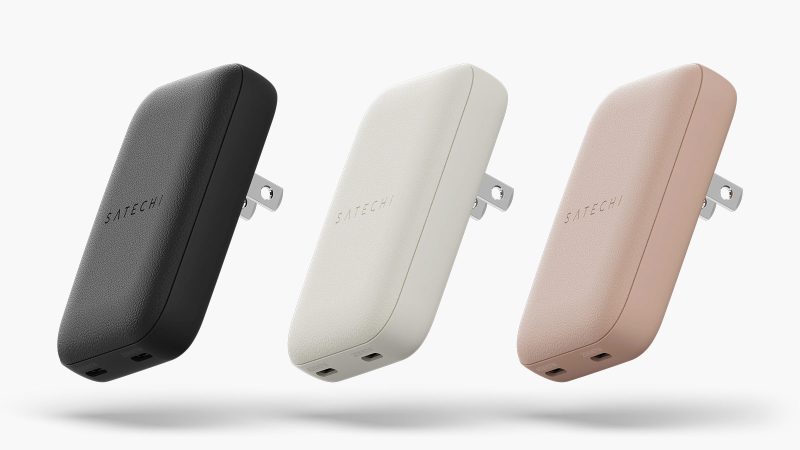 The Satechi OntheGo 67W Slim Wall Charger with dual USB-C ports, GaN technology, ultra-slim design, and foldable prongs for fast, travel-ready charging.