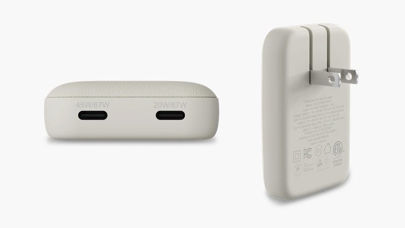 The Satechi OntheGo 67W Slim Wall Charger with dual USB-C ports, GaN technology, ultra-slim design, and foldable prongs for fast, travel-ready charging.
