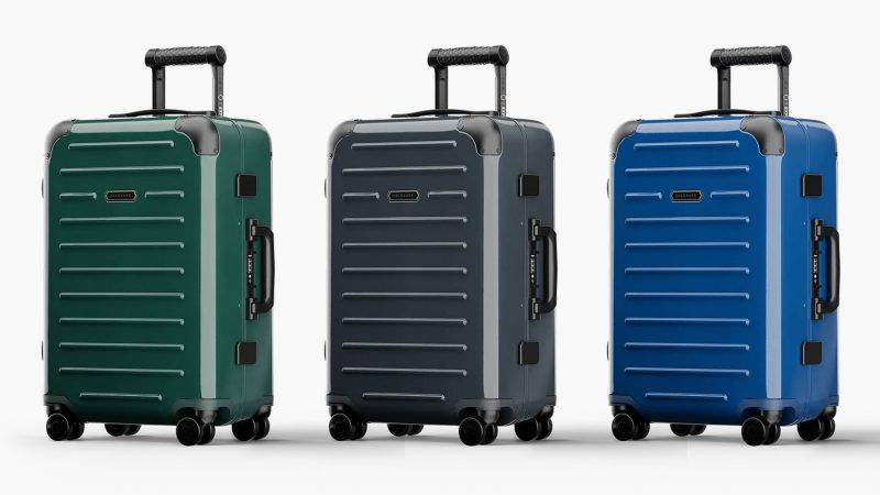 Solgaard’s glossy luggage collection features hard-shell spinner cases in bold colors for stylish, durable travel.