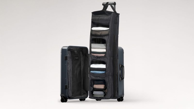 Solgaard’s glossy luggage collection features hard-shell spinner cases in bold colors for stylish, durable travel.