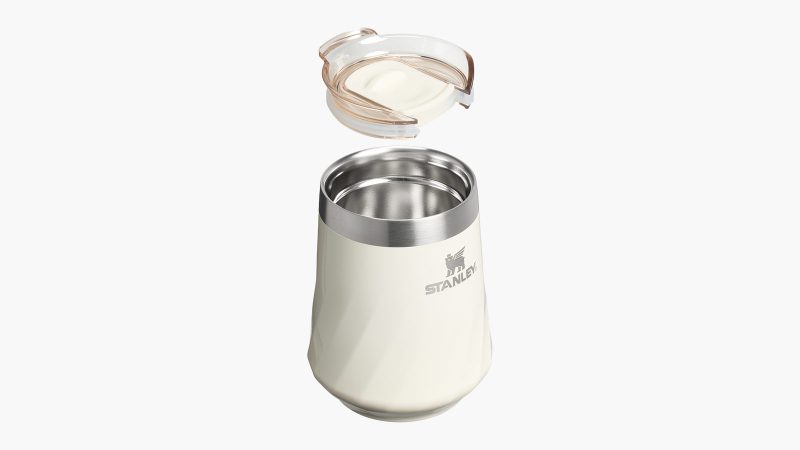 Stanley Reserve Wine Tumbler with splash-proof lid, insulated stainless steel, stackable design, and sleek textured finish in assorted vibrant colors.