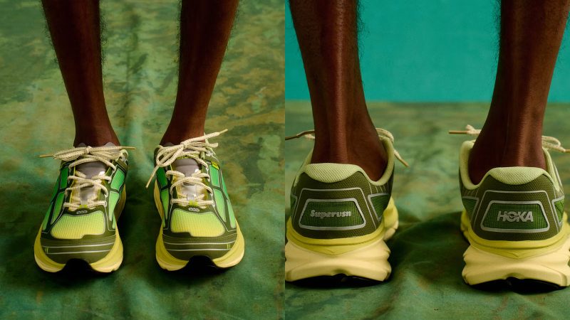 Supervsn x HOKA Clifton One9 sneaker collaboration featuring LA streetwear-inspired design with trail-ready comfort and HOKA’s signature cushioned sole.
