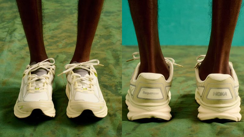 Supervsn x HOKA Clifton One9 sneaker collaboration featuring LA streetwear-inspired design with trail-ready comfort and HOKA’s signature cushioned sole.