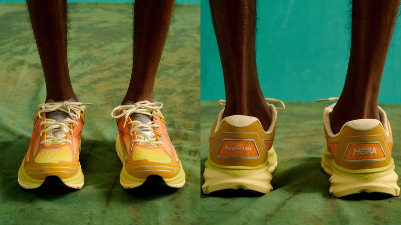 Supervsn x HOKA Clifton One9 sneaker collaboration featuring LA streetwear-inspired design with trail-ready comfort and HOKA’s signature cushioned sole.