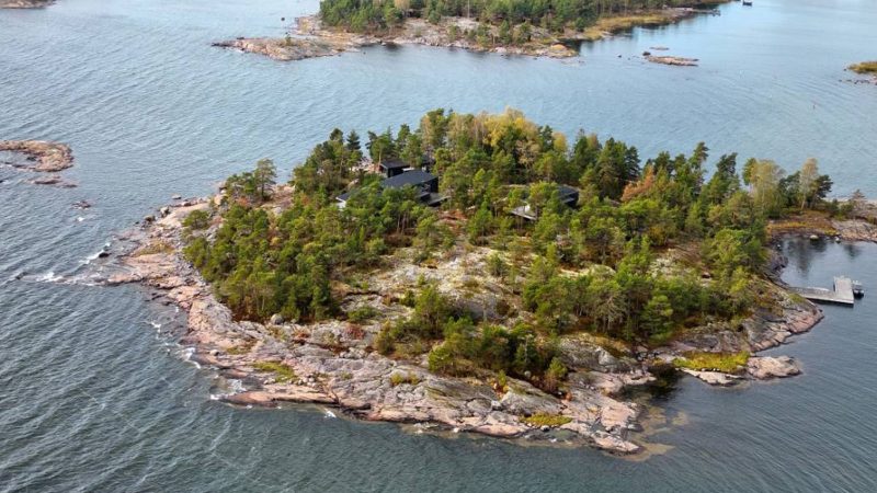Scandinavian-off‑grid island retreat: Corten-steel homes, sauna, sunken terrace, nestled pine & rugged Baltic shoreline.