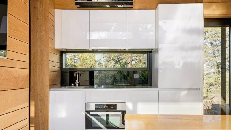 Scandinavian-off‑grid island retreat: Corten-steel homes, sauna, sunken terrace, nestled pine & rugged Baltic shoreline.