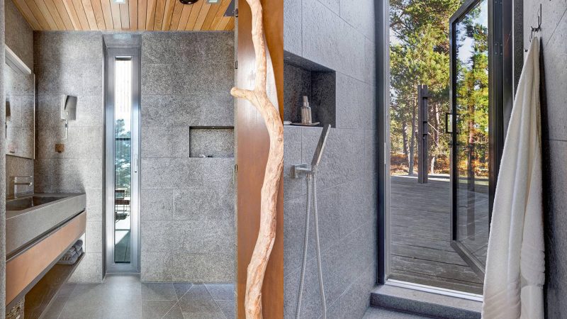 Scandinavian-off‑grid island retreat: Corten-steel homes, sauna, sunken terrace, nestled pine & rugged Baltic shoreline