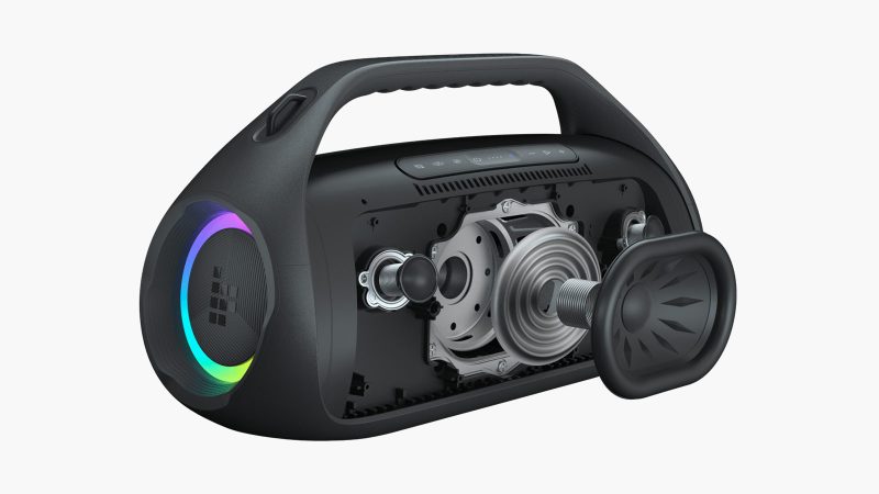 Tronsmart Bang 2 Portable Party Speaker boasts a rugged design, vibrant LED lighting, and a compact frame, built for bold sound and outdoor durability.