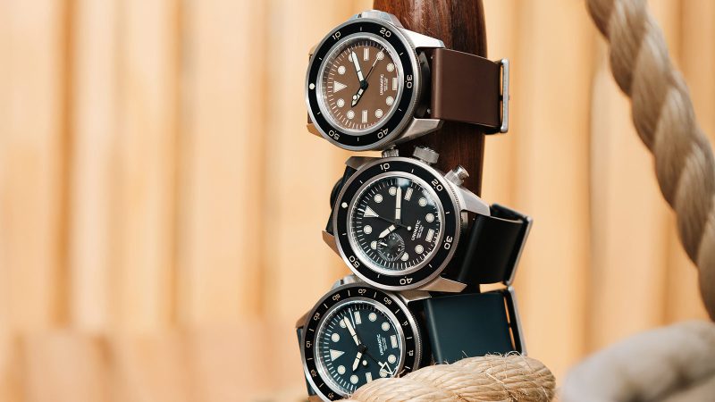 UNIMATIC Diving Heritage wristwatch collection featuring matte black, tropical brown, and vintage navy dials, creamy Super‑LumiNova markers, and brushed stainless steel cases.