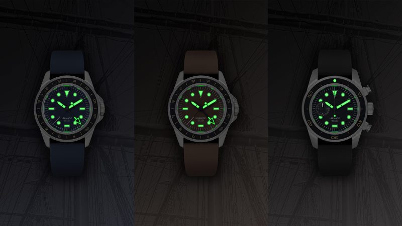 UNIMATIC Diving Heritage wristwatch collection featuring matte black, tropical brown, and vintage navy dials, creamy Super‑LumiNova markers, and brushed stainless steel cases.