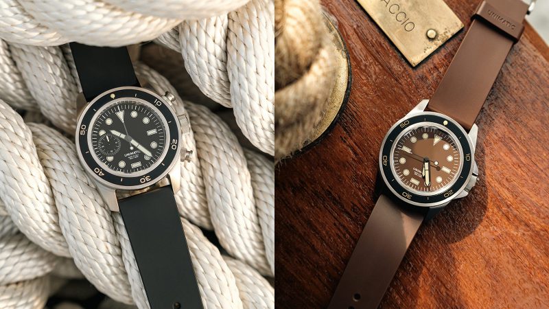 UNIMATIC Diving Heritage wristwatch collection featuring matte black, tropical brown, and vintage navy dials, creamy Super‑LumiNova markers, and brushed stainless steel cases.