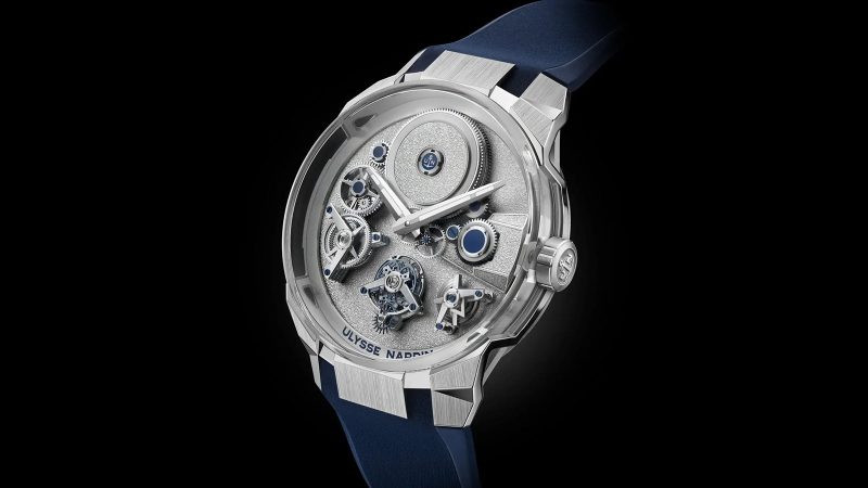 Ulysse Nardin Blast Free Wheel Maillechort transparent 45 mm white gold skeleton watch with tourbillon and blue rubber strap.