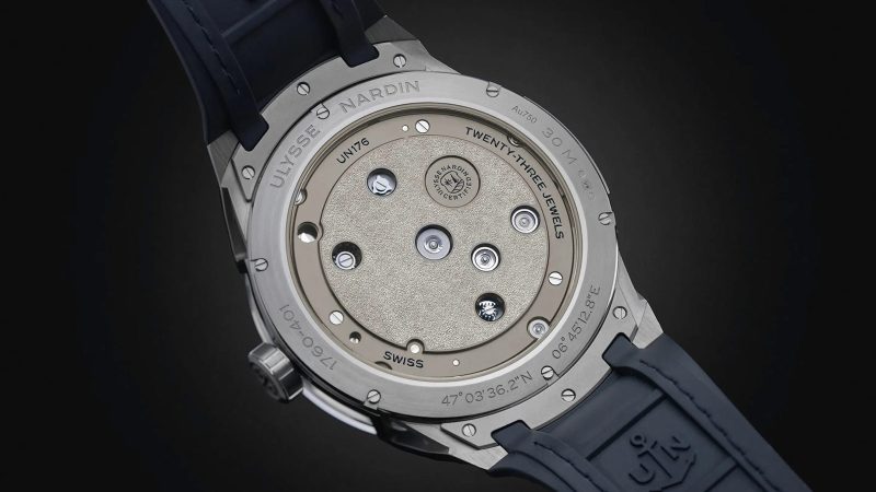 Ulysse Nardin Blast Free Wheel Maillechort transparent 45 mm white gold skeleton watch with tourbillon and blue rubber strap.
